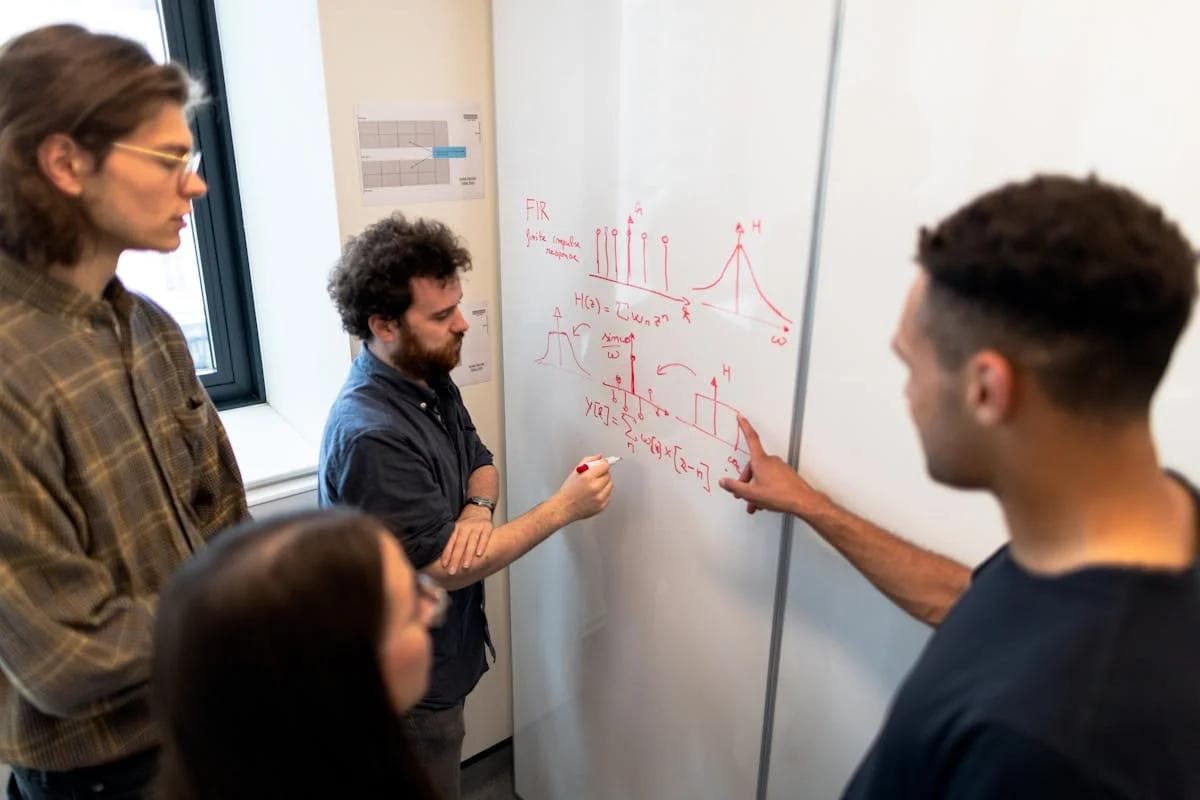 Marketing and engineering team analysing data on a whiteboard, illustrating the quarterly audit process for Google Ads accounts